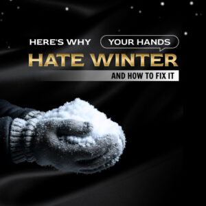 Hands wearing white knitted winter gloves covered in snow showing winter hand protection